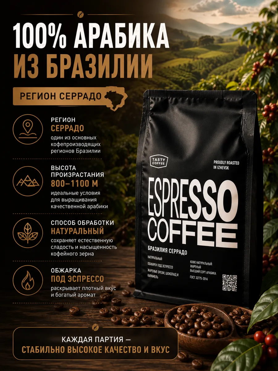 Кофе в зернах Tasty Coffee Бразилия Серрадо 250 г