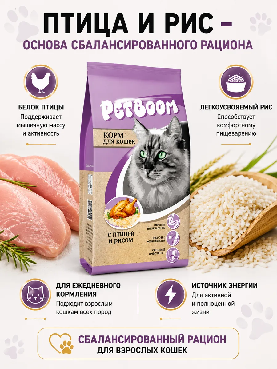 Корм БЕЛКОРМ Petboom для кошек сухой с птицей и рисом 2 кг