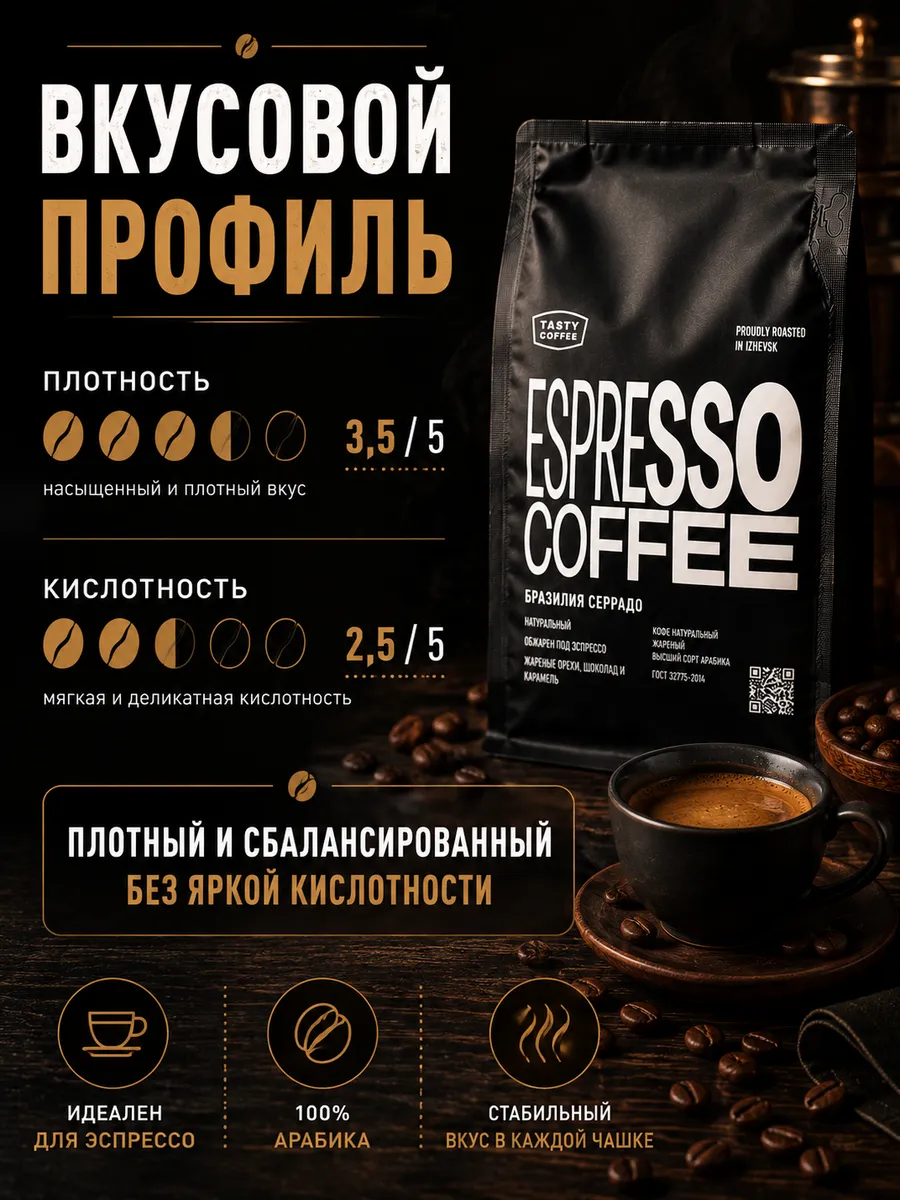Кофе в зернах Tasty Coffee Бразилия Серрадо 1 кг